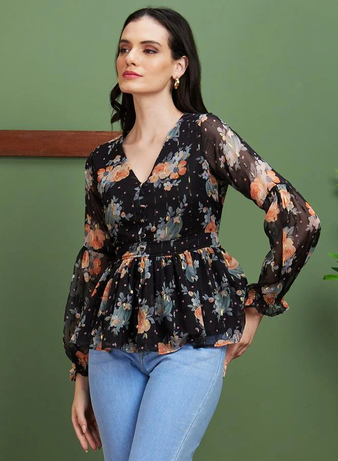 globus Globus Textured Floral Print V-Neck Peplum Top
