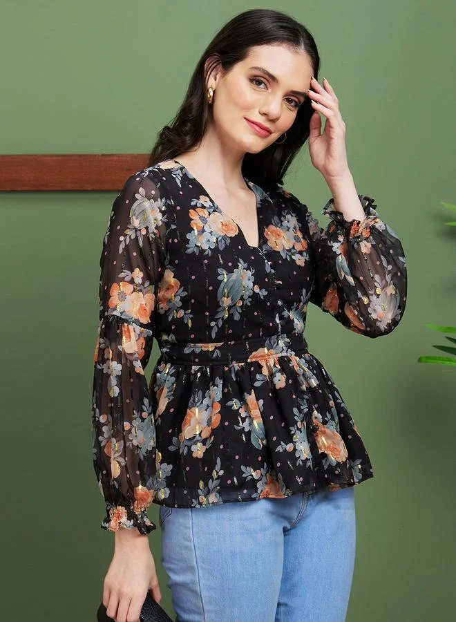globus Globus Textured Floral Print V-Neck Peplum Top