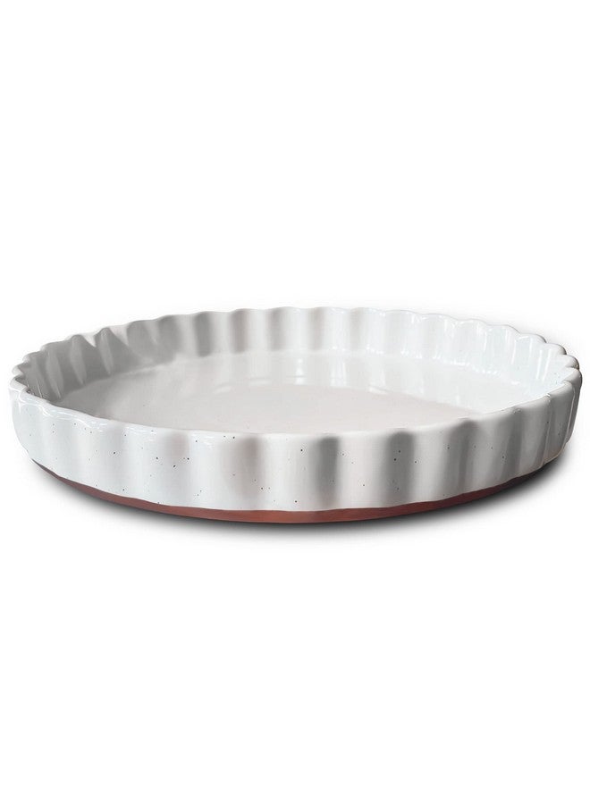 Mora Ceramic Tart Pan, 9.5 Inch Large Porcelain Baking Dish for Tarts, Quiche, Pie, Flan etc. Fluted Ruffled Edge, Oven, Microwave, Freezer, and Dishwasher safe - Great Gift For Bakers - Vanilla White - Image 1