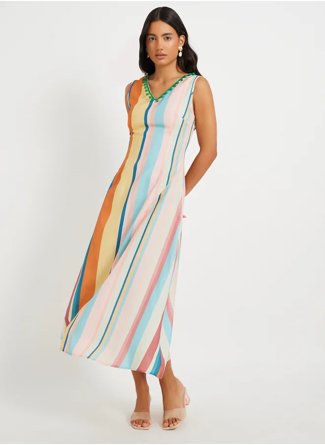 Styli Striped V-Neck Sleeveless A-Line Midi Dress