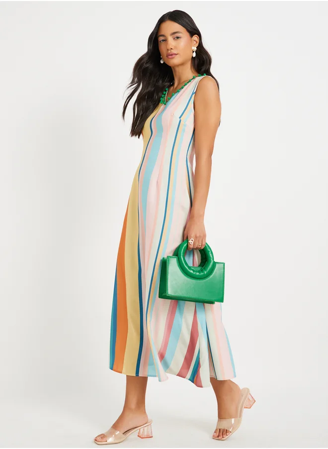 Styli Striped V-Neck Sleeveless A-Line Midi Dress