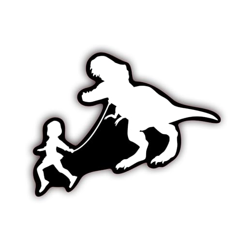 KCD Girl Leading T-Rex Dinosaur Vinyl Decal Sticker | White | 7 x 4.6 inches | for Cars, Trucks, Vans, SUVs, Laptops, Walls, Windows, Cups | KCD2149 - Image 1