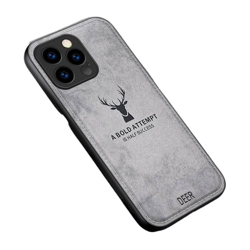 غطاء واقي بسيليكون لـ iPhone 14 / 14 Plus / 14 Pro / 14 Pro Max مع حماية من السقوط وتغطية كاملة مع مقاوم للصدمات مع نسيج القماش مع نقش رأس الغزال باللون رمادي من السيليكون للسفر - Image 1