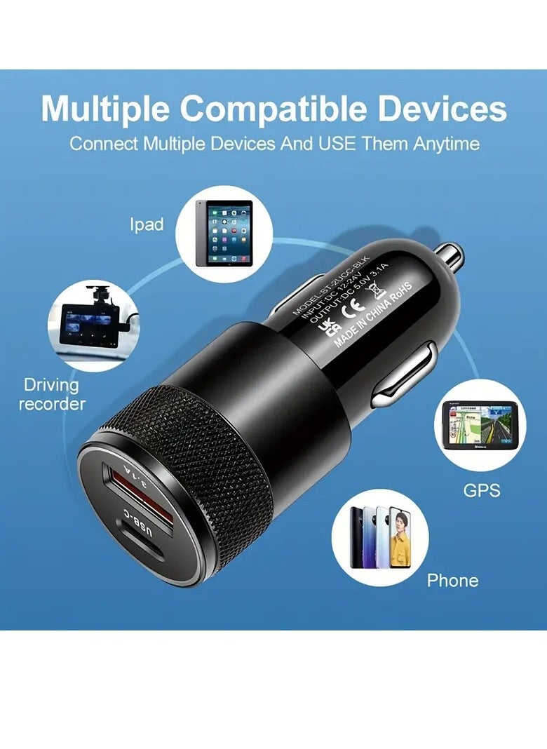 PAMEER - Two Ports Car Charger 3.1A USB+PD/USB-C Metal Car Charger Suitable For Various Mobile Phone Ports Supports Car Power Adapter Fast Charging  Plug for Steam Deck For iPhone, iPad, Samsung, Android - Image 1