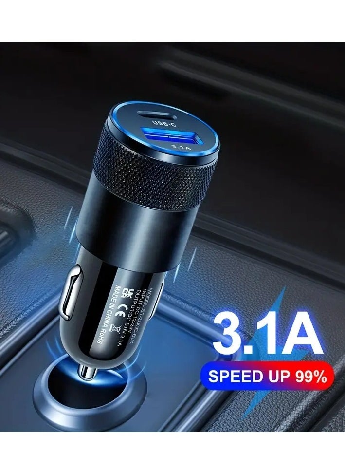 PAMEER - Two Ports Car Charger 3.1A USB+PD/USB-C Metal Car Charger Suitable For Various Mobile Phone Ports Supports Car Power Adapter Fast Charging  Plug for Steam Deck For iPhone, iPad, Samsung, Android - Image 1