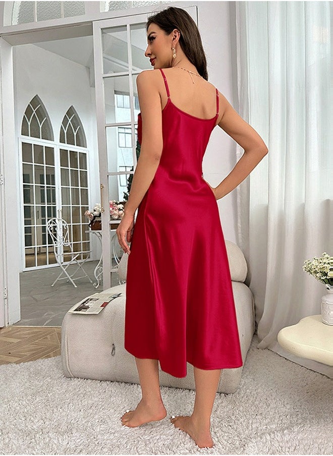 Loquat - Women's Solid Color Imitation Silk Nightgown Sleepwear V-Neck Midi Slip Dress With Adjustable Straps Soft Loungewear Sleepwear Dress Red - Image 1