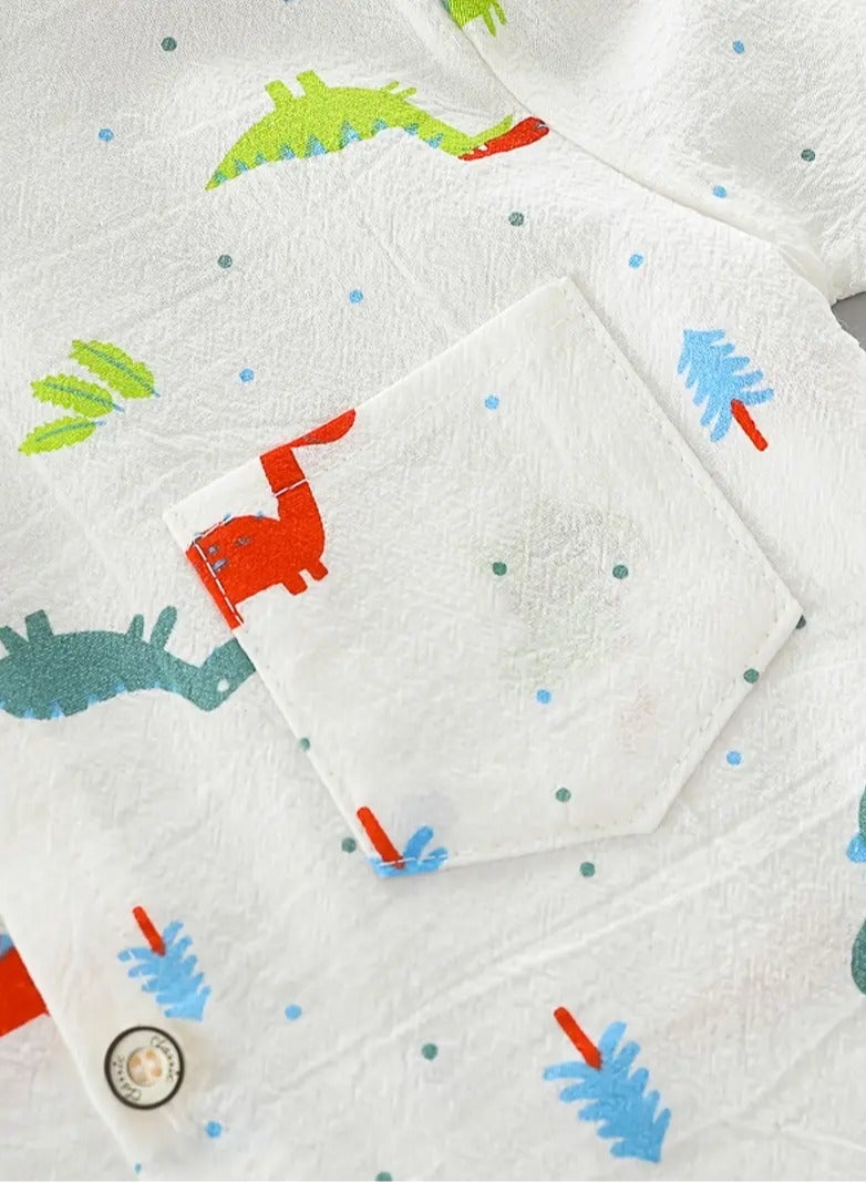 2pcs Baby Boys Dinosaur Print Short Sleeve Shirt  Elastic Shorts Set – Toddler Boys Summer Outfit, Casual Clothes for Daily Wear – Size S - Image 3