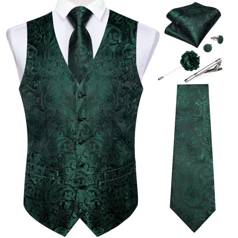 DiBanGu Mens Paisley Vest Tie Set with Lapel Pin Tie Clip 7PCS Silk V-Neck Suit Waistcoat and Necktie for Tuxedo Wedding, Emerald Green, Large - Image 1