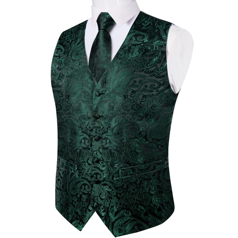 DiBanGu Mens Paisley Vest Tie Set with Lapel Pin Tie Clip 7PCS Silk V-Neck Suit Waistcoat and Necktie for Tuxedo Wedding, Emerald Green, Large - Image 4