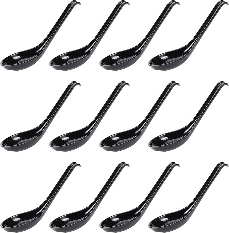 Comicfs Asian Soup Spoons 12 pieces, Large Japanese Soup Spoons, Soba Rice Pho Ramen Noodle Soup Spoon, Chinese Won Ton Soup Spoon, Hook Style (Black) - Image 1