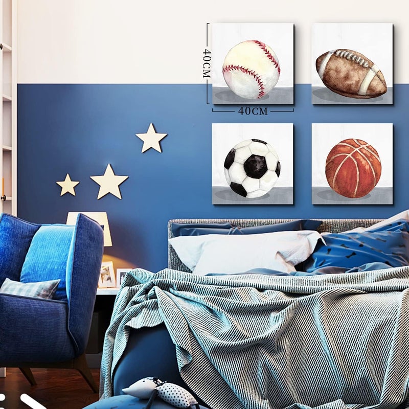 YOOOAHU Sports Canvas Wall Art 4 Panels - Retro Watercolor Paintings Canvas Prints for Boys Room, Baseball, Basketball, Football, Street Artwork, 16"x16" - Image 5