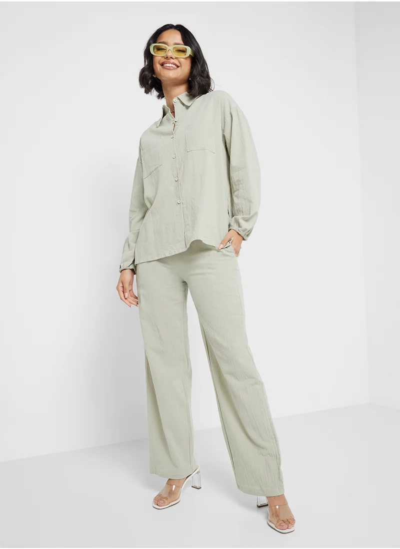 جينجر Cotton Oversize Shirt & Wide Leg Pant Set