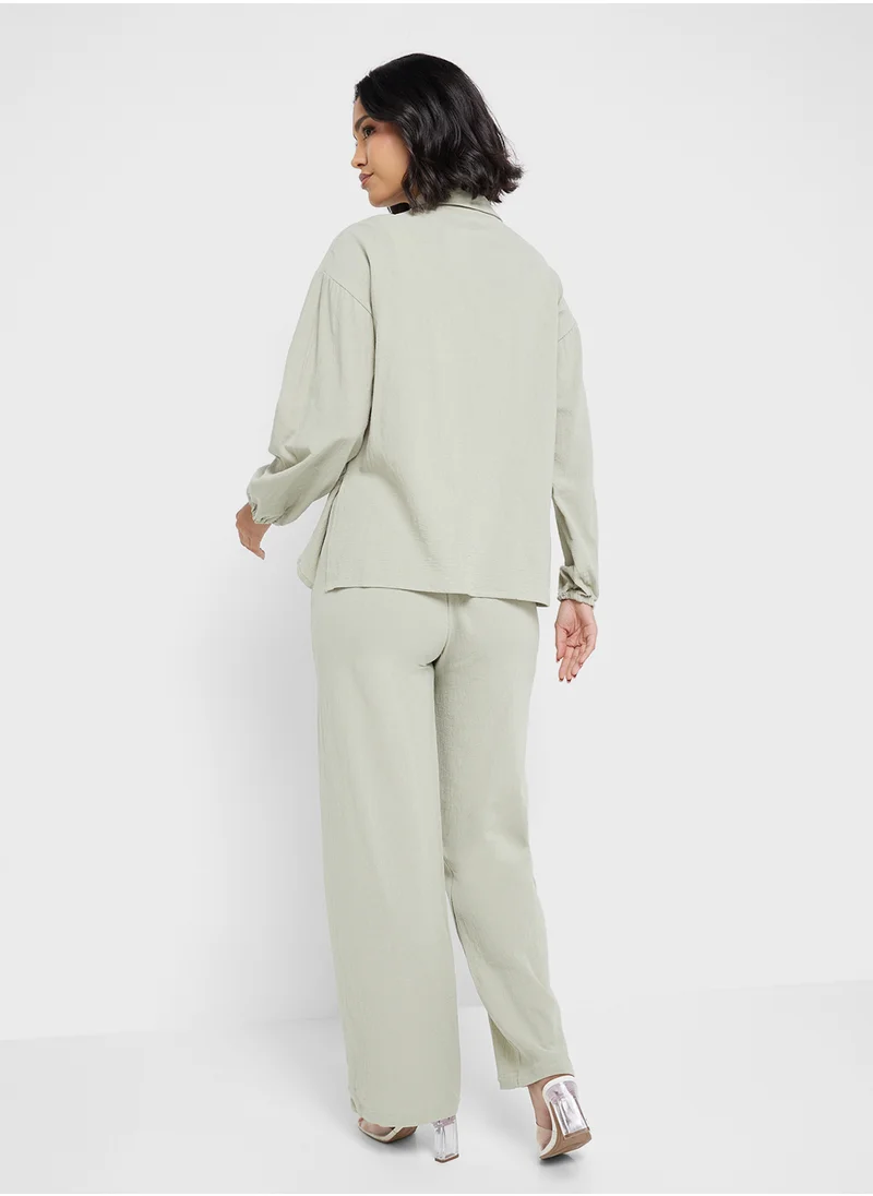 جينجر Cotton Oversize Shirt & Wide Leg Pant Set