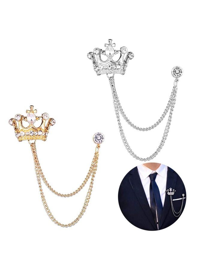2PCS Men's Crown Hanging Chain Brooch with Stone Detailing, Engraving, Metal Crystal, Suit Stud Lapel Pin, Vintage Rhinestone Breastpin Wedding Brooch Pin, Gold and Silver - Image 1