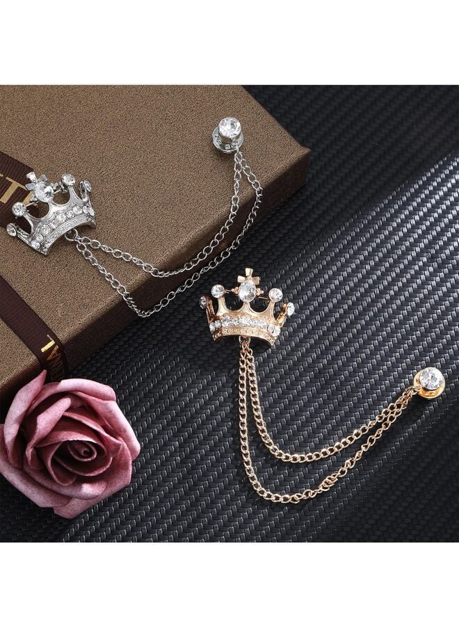 2PCS Men's Crown Hanging Chain Brooch with Stone Detailing, Engraving, Metal Crystal, Suit Stud Lapel Pin, Vintage Rhinestone Breastpin Wedding Brooch Pin, Gold and Silver - Image 3