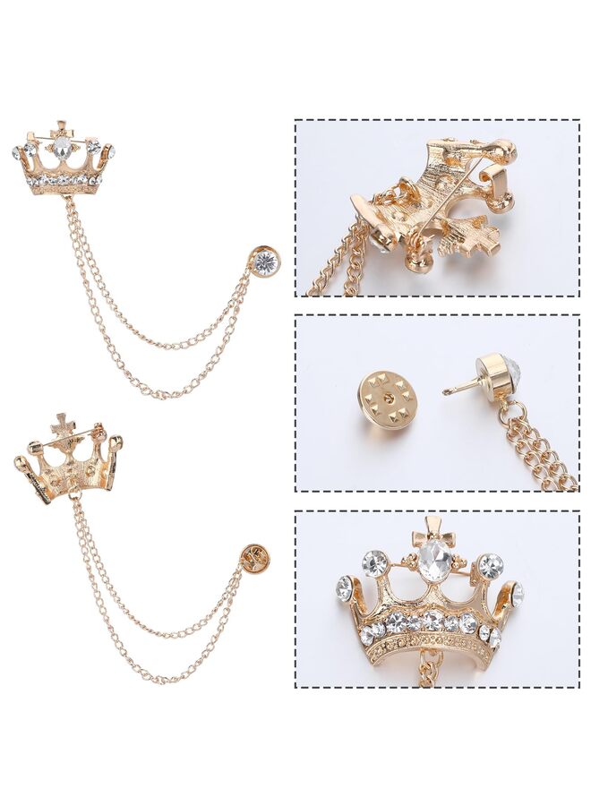 2PCS Men's Crown Hanging Chain Brooch with Stone Detailing, Engraving, Metal Crystal, Suit Stud Lapel Pin, Vintage Rhinestone Breastpin Wedding Brooch Pin, Gold and Silver - Image 2