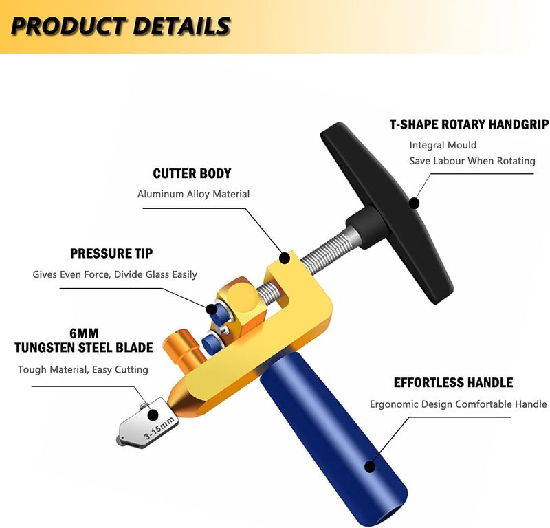 WAGX Manual Tile Cutter, 2 in 1 Glass Tile Cutter Hand Tool with Glass Breaking Pliers, Mirror Cutting Kit with 3 Tungsten Steel Blade for Home DIY Cutting Glass, Mirror, Ceramic Tile, Glazed Tiles - Image 3
