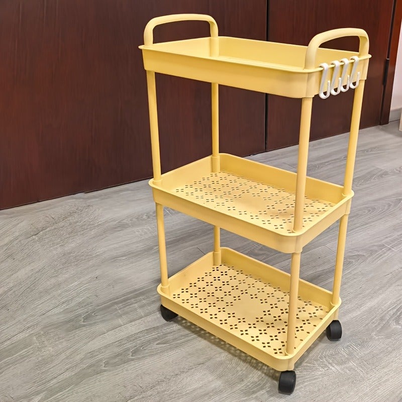 3-Tier Rolling Utility Cart with 360° Wheels & Handle - Thickened Plastic Storage Shelf for Living Room, Bedroom, Bathroom, Kitchen - Includes Hooks - Image 2