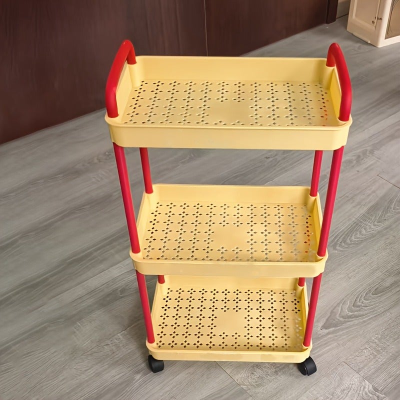 3-Tier Rolling Utility Cart with 360° Wheels & Handle - Thickened Plastic Storage Shelf for Living Room, Bedroom, Bathroom, Kitchen - Includes Hooks - Image 1