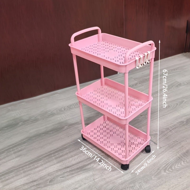 3-Tier Rolling Utility Cart with 360° Wheels & Handle - Thickened Plastic Storage Shelf for Living Room, Bedroom, Bathroom, Kitchen - Includes Hooks - Image 4