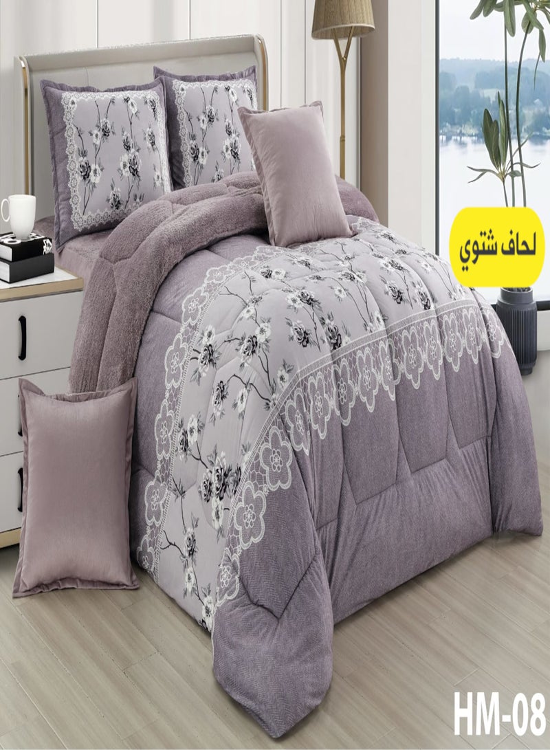 مون مفرش شتوي نفرين نظام وجهين وجه مخمل وجه فرو - 6 قطع ( لحاف سرير واحد + ملاءة سرير واحدة + 2 غطاء وسادة + 2 غطاء وسادة مزخرف) - مخمل وصوف قابل للعكس - يناسب سريرًا مقاس 200 × 200 سم - Image 1