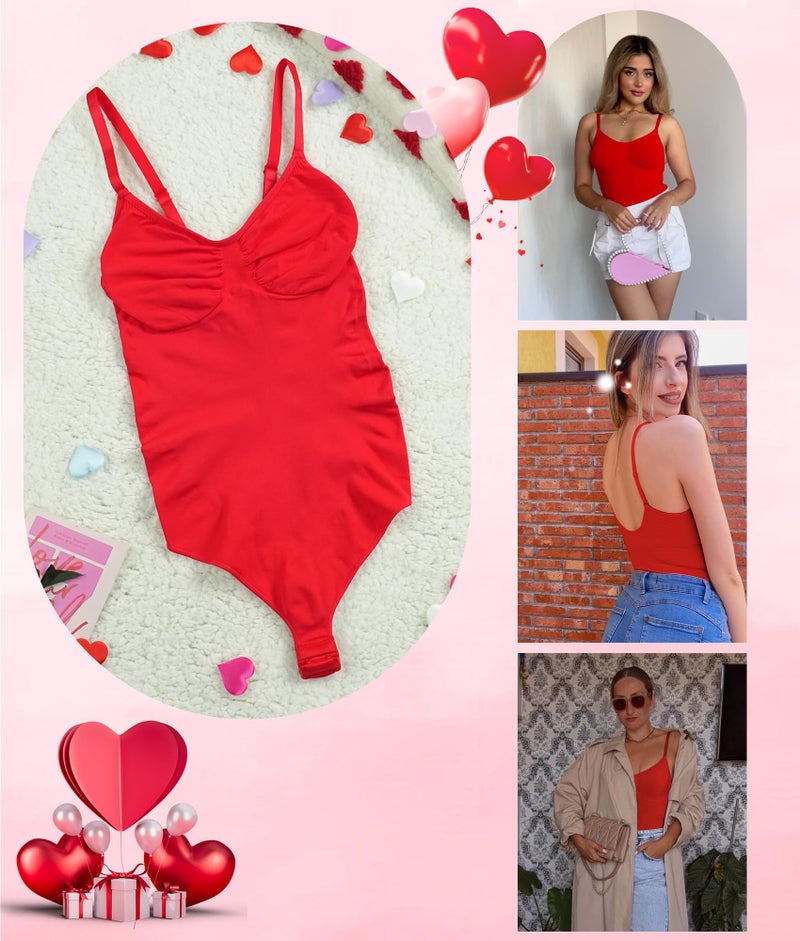 SHAPERX Women's Shapewear Bodysuit Tummy Control Body Shaper Seamless Sculpting Snatched Waist Body Suit,SZ5215-Red-S/M - Image 4