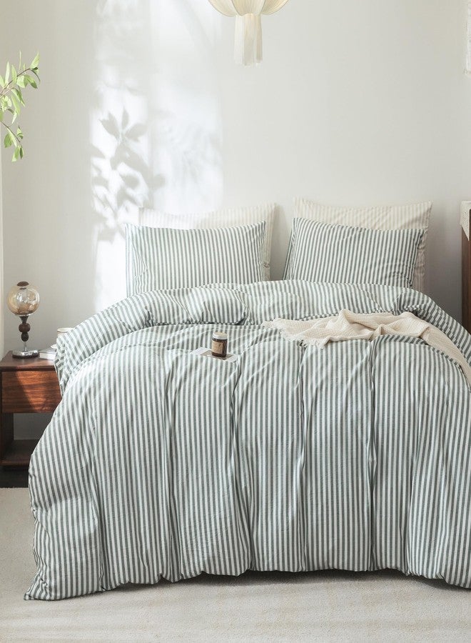 FOSSA Striped Duvet Cover Set 100% Washed Cotton Linen Feel Super Soft Breathable Cozy 3 Pieces Bedding Sets Heathered Green Classic Stripes Queen - Image 1