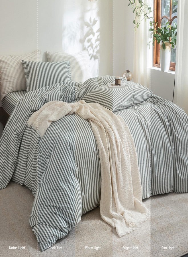 FOSSA Striped Duvet Cover Set 100% Washed Cotton Linen Feel Super Soft Breathable Cozy 3 Pieces Bedding Sets Heathered Green Classic Stripes Queen - Image 3