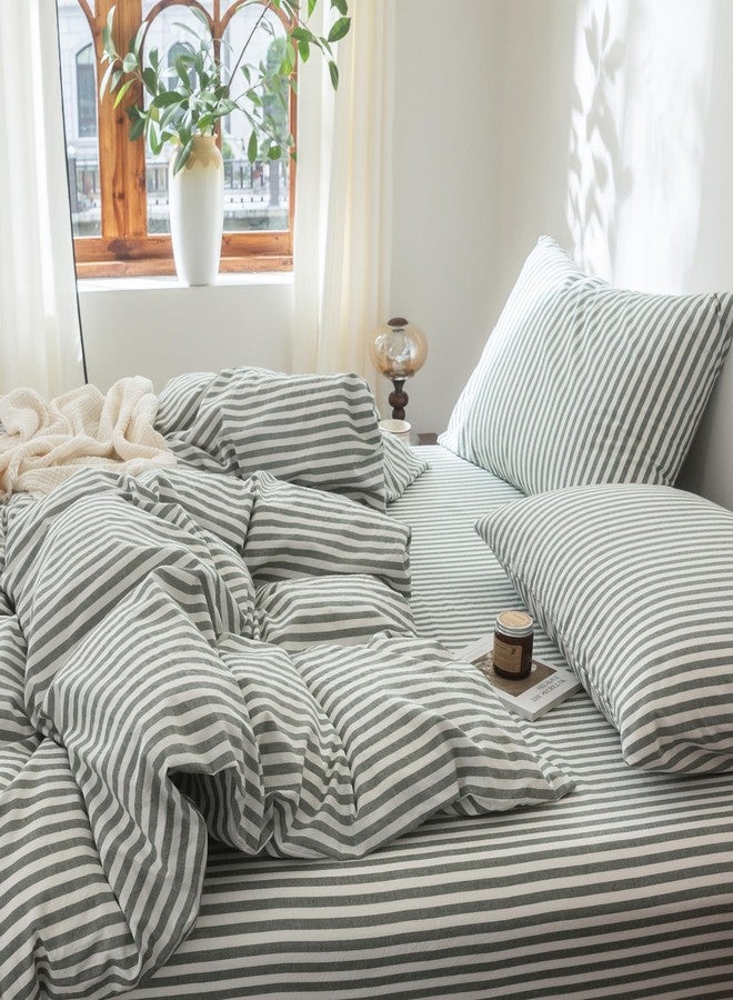 FOSSA Striped Duvet Cover Set 100% Washed Cotton Linen Feel Super Soft Breathable Cozy 3 Pieces Bedding Sets Heathered Green Classic Stripes Queen - Image 2
