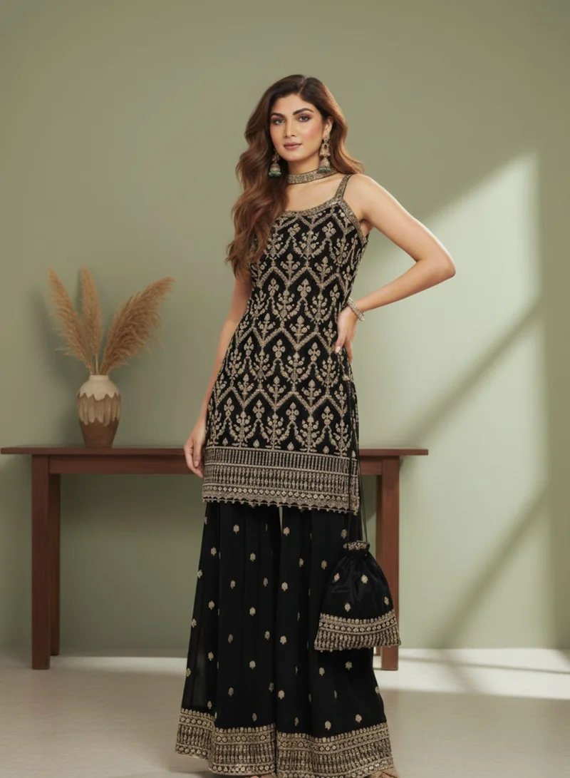 Lehar Black and Gold Embroidered Kurta Set with Sharara Pants and Potli Bag
