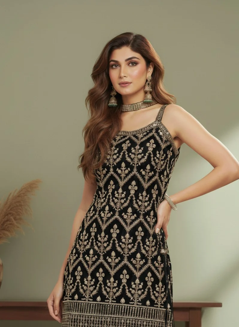 Lehar Black and Gold Embroidered Kurta Set with Sharara Pants and Potli Bag
