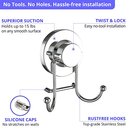 HOME SO Suction Cup Hooks for Shower, Bathroom, Kitchen, Glass Door, Mirror, Tile – Loofah, Towel, Coat, Bath Robe Hook Holder for Hanging up to 15 lbs – Rustproof Chrome Stainless Steel (2-Pack) - Image 4