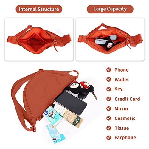 EVGLOW Nylon Crescent Crossbody Bag for Women Purses Trendy Men,Small Travel Sling Bag Hobo,Lightweight Fanny Pack with Zipper Adjustable Strap,Round Soft Shoulder Pouch Bag for Work Sport(Dirty Orange) - Image 4