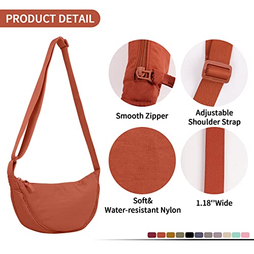 EVGLOW Nylon Crescent Crossbody Bag for Women Purses Trendy Men,Small Travel Sling Bag Hobo,Lightweight Fanny Pack with Zipper Adjustable Strap,Round Soft Shoulder Pouch Bag for Work Sport(Dirty Orange) - Image 3