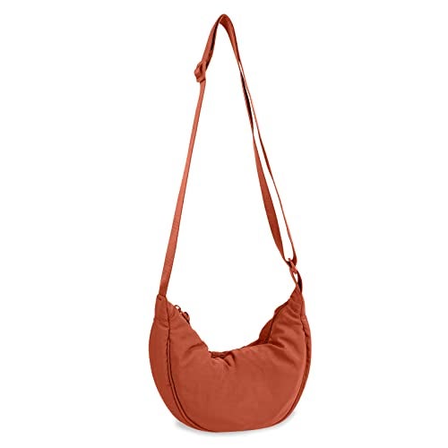 EVGLOW Nylon Crescent Crossbody Bag for Women Purses Trendy Men,Small Travel Sling Bag Hobo,Lightweight Fanny Pack with Zipper Adjustable Strap,Round Soft Shoulder Pouch Bag for Work Sport(Dirty Orange) - Image 1