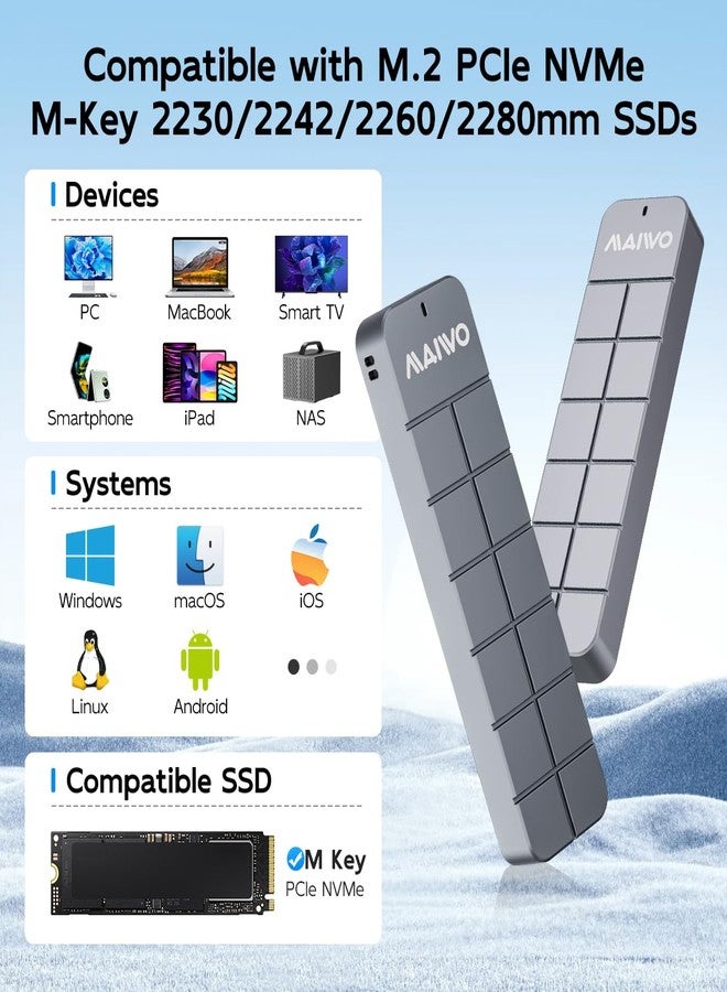 مايوو علبة محرك أقراص الحالة الصلبة MAIWO M.2 NVMe SSD، منفذ USB 3.2 من الجيل الثاني بسرعة 10 جيجابت في الثانية، سعة 8 تيرابايت، كابل من النوع C ثنائي في 1، محول USB-C إلى M-Key PCIE NVME SSD، علبة من الألومنيوم - Image 5