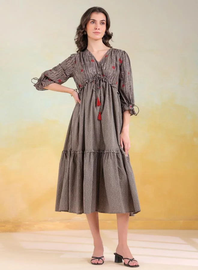 sanskrutihomes Sanskrutihomes Grey Printed V Neck Cotton A-Line Midi Dress