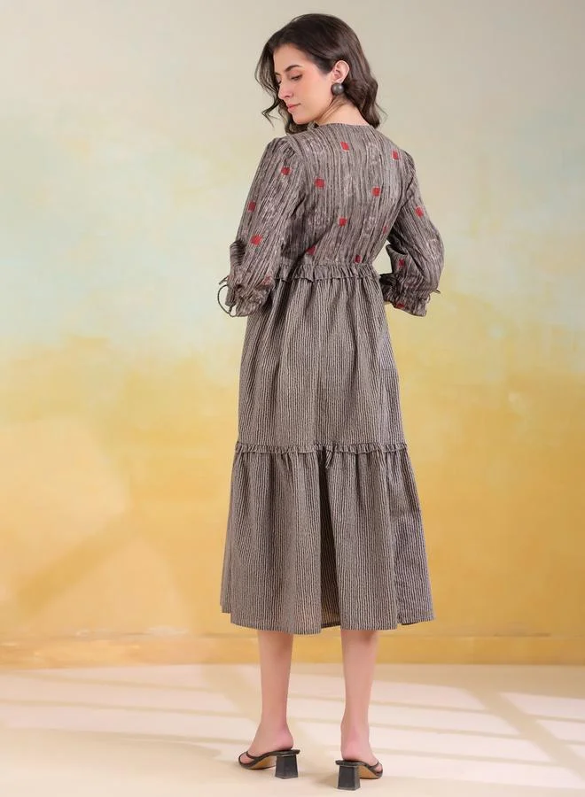 sanskrutihomes Sanskrutihomes Grey Printed V Neck Cotton A-Line Midi Dress