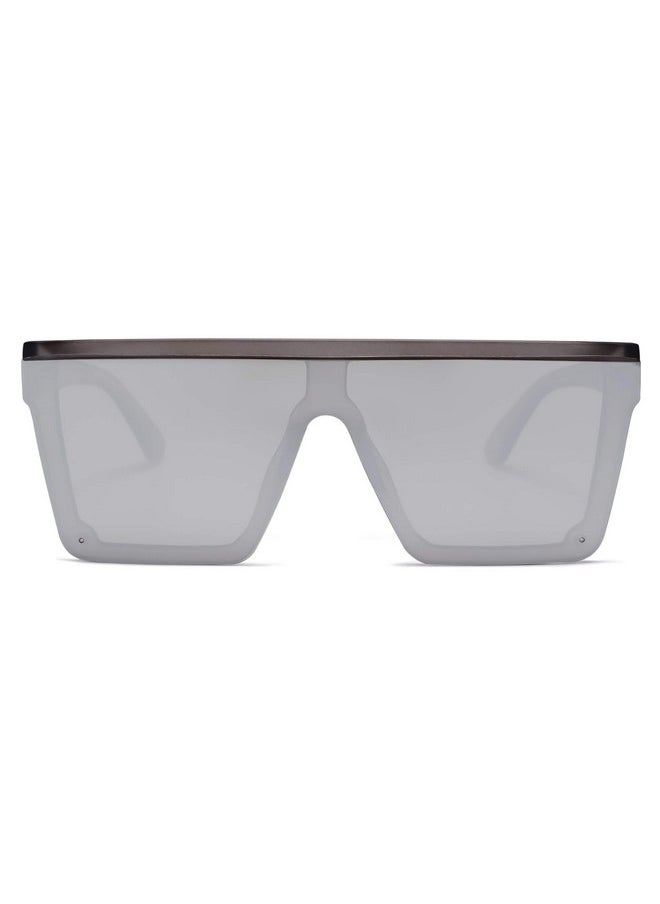 Sojos Square Big Sunglasses Women Thick Frame Flat Top Mirrored Sunnies Shades Goggle Siamese Lens Sj2117 With Grey Frame Silver Mirrored Lens  - Image 3