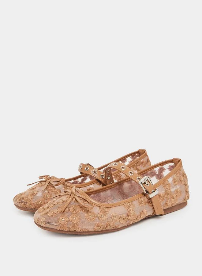 Styli Beige Floral Embroidered Ballerina