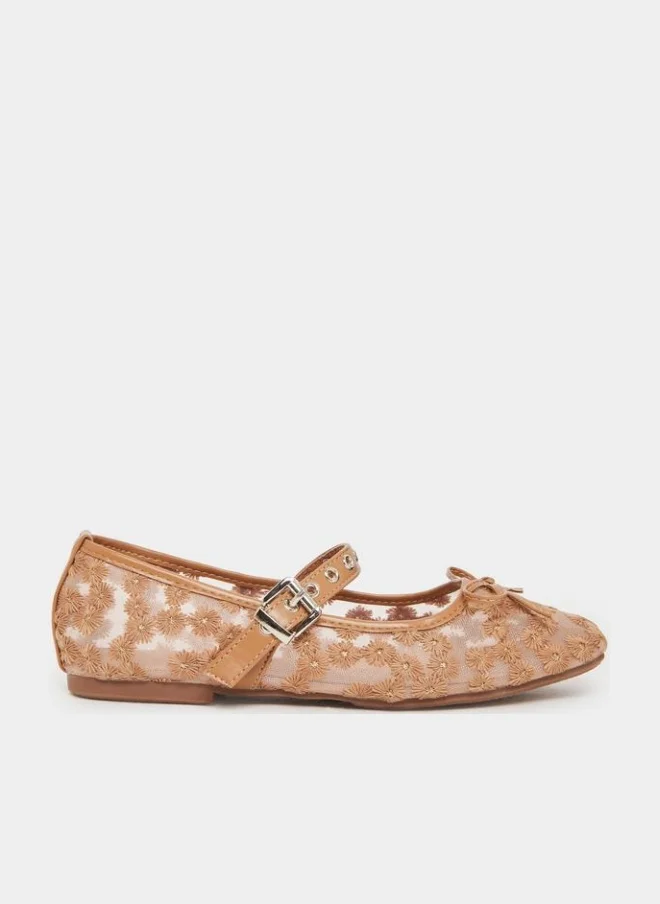 Styli Beige Floral Embroidered Ballerina