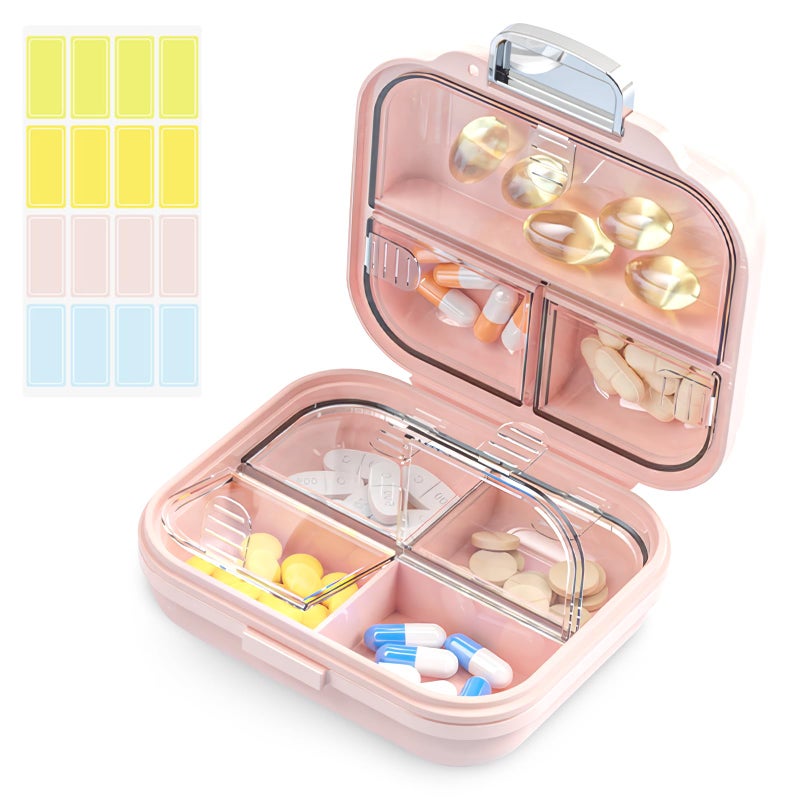Goffing Travel Pill Organizer Box with Labels, 7 Compartments Portable Mini Pill Case, Daily Medication Organizer Storage Pill Container for Pocket Pharmacy(Pink, S) - Image 1