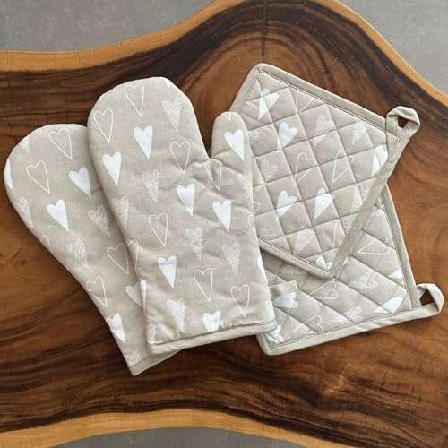 Oak & Lily Combo Set of Oven Mittens & Pot Holders | 100% Cotton | Heat Resistant & Cushioned | Washable | European Quality | for Cooking, Baking, BBQ & Microwave Use (Beige Ivory) - Image 1