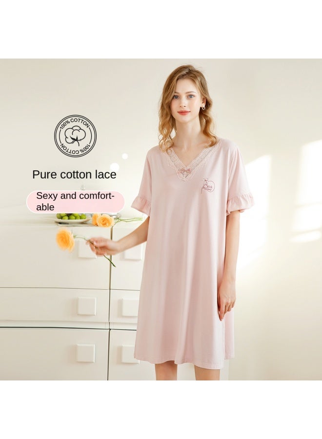 Fenton Pure Cotton】summer Thin Solid Color Dress Fashion V-neck Sleepwear For Women Home Wear - Image 2