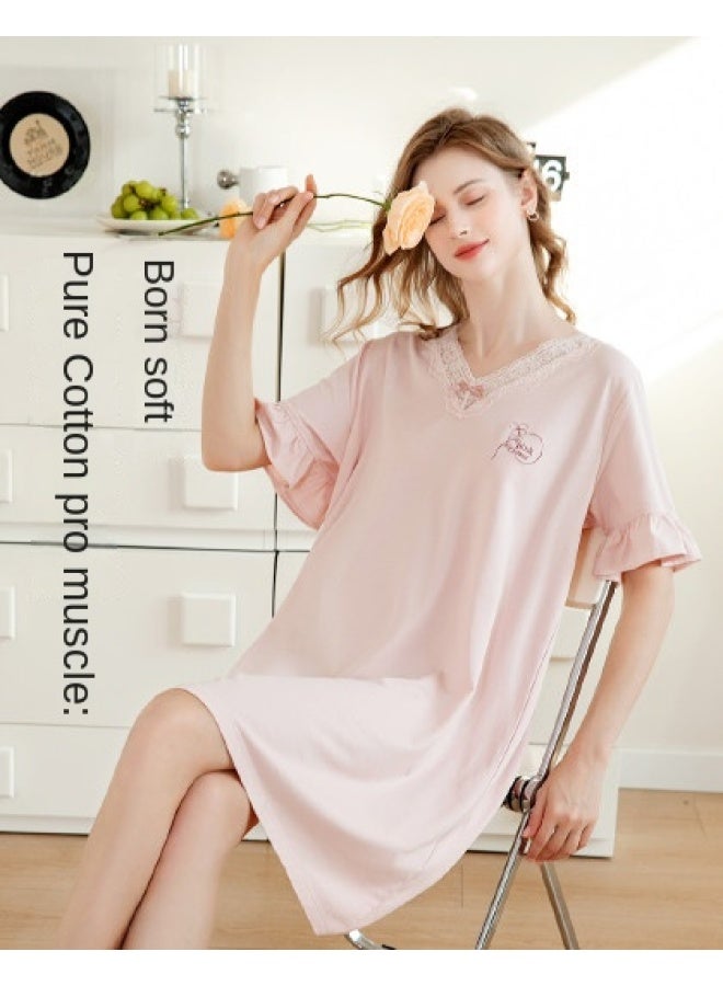 Fenton Pure Cotton】summer Thin Solid Color Dress Fashion V-neck Sleepwear For Women Home Wear - Image 1