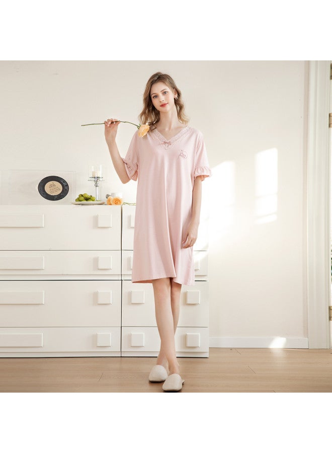 Fenton Pure Cotton】summer Thin Solid Color Dress Fashion V-neck Sleepwear For Women Home Wear - Image 4