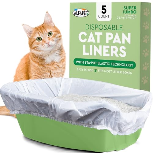 Alfapet Elastic Cat Litter Box Liners - Super Jumbo 5 Count - Tear-Resistant Cat Litter Bags, Waterproof Kitty Litter Liners - Fits Litterbox Pan Sizes X-Giant, Jumbo, 42" x 20" x 2 MIL 30 lb Capacity - Image 1