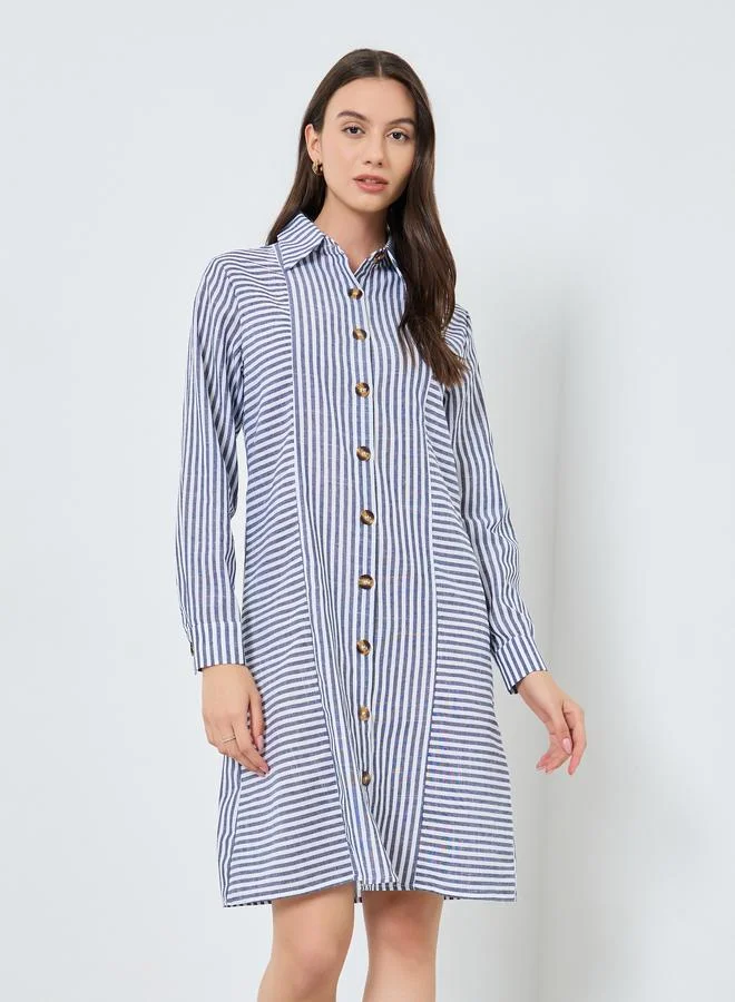 تايك تو فستان قميص مخطط بأزرار أمامية بطول الركبة