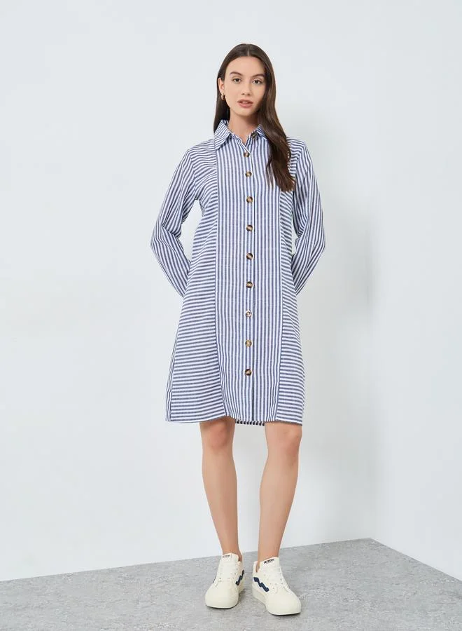 تايك تو فستان قميص مخطط بأزرار أمامية بطول الركبة