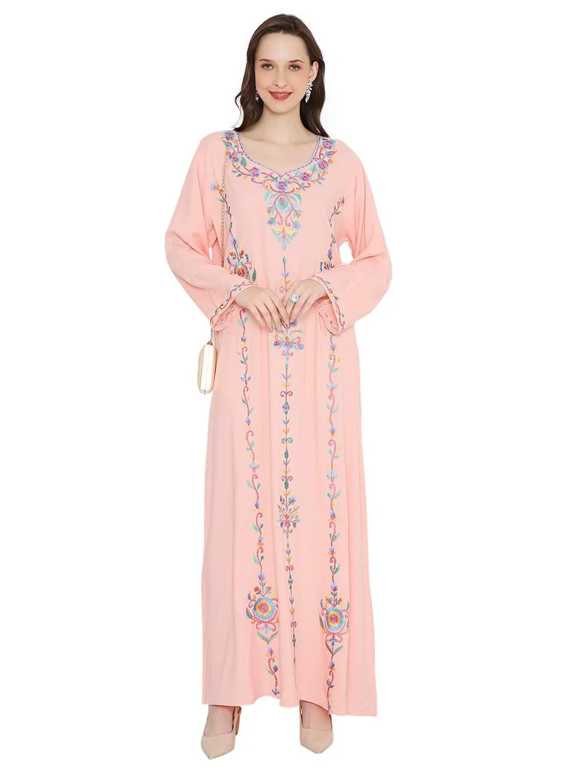 HANA & SARA PASTEL PEACH COLOUR LONG VISCOSE DRESS WITH FLORAL EMBROIDERY ELEGANT ARABIC KAFTAN JALABIYA DRESS